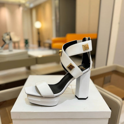 BALMAIN 25S WEDGE HEELS 105MM IN WHITE CALFSKIN GOLD HARDWARE