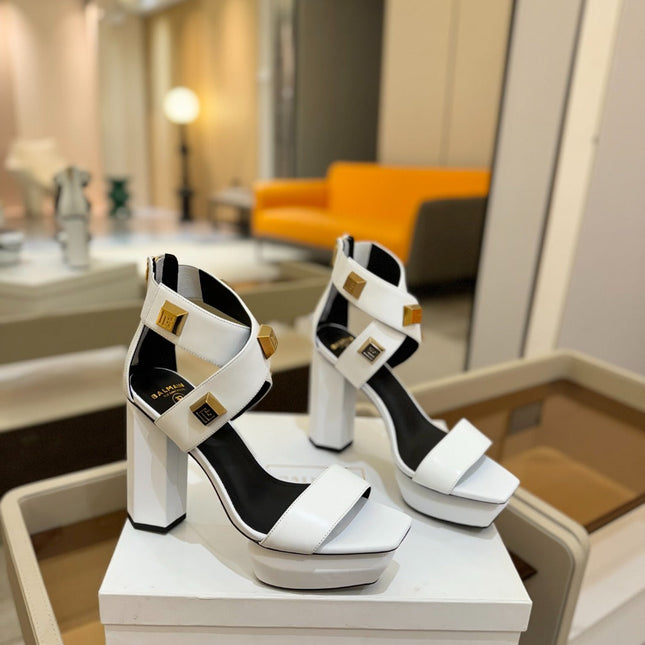 BALMAIN 25S WEDGE HEELS 105MM IN WHITE CALFSKIN GOLD HARDWARE