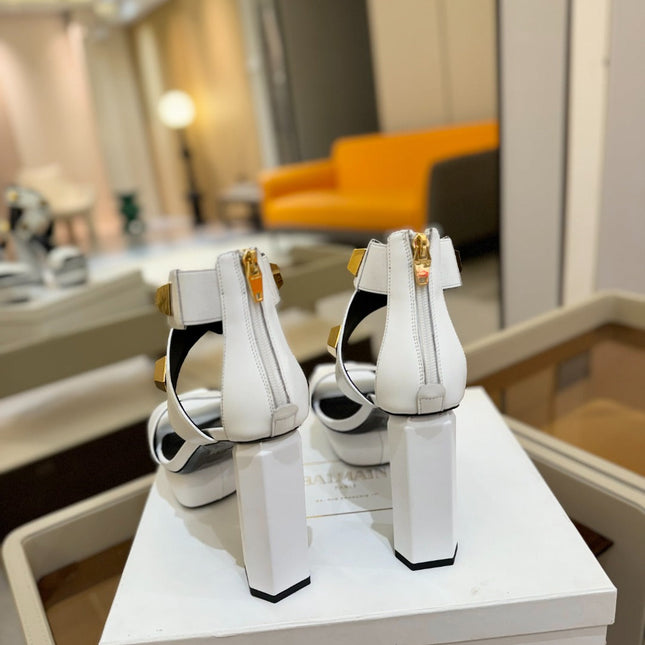 BALMAIN 25S WEDGE HEELS 105MM IN WHITE CALFSKIN GOLD HARDWARE