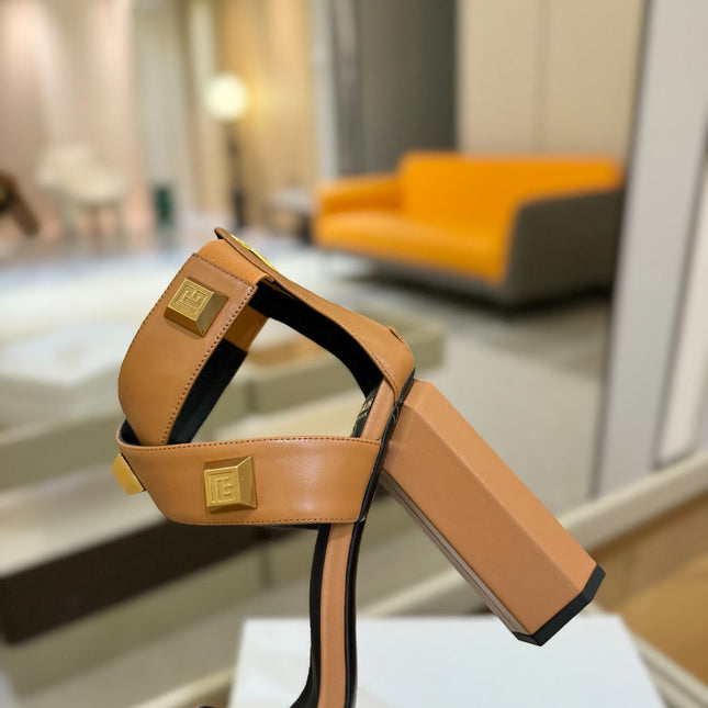 BALMAIN 25S WEDGE HEELS 105MM IN DARK BROWN CALFSKIN GOLD HARDWARE