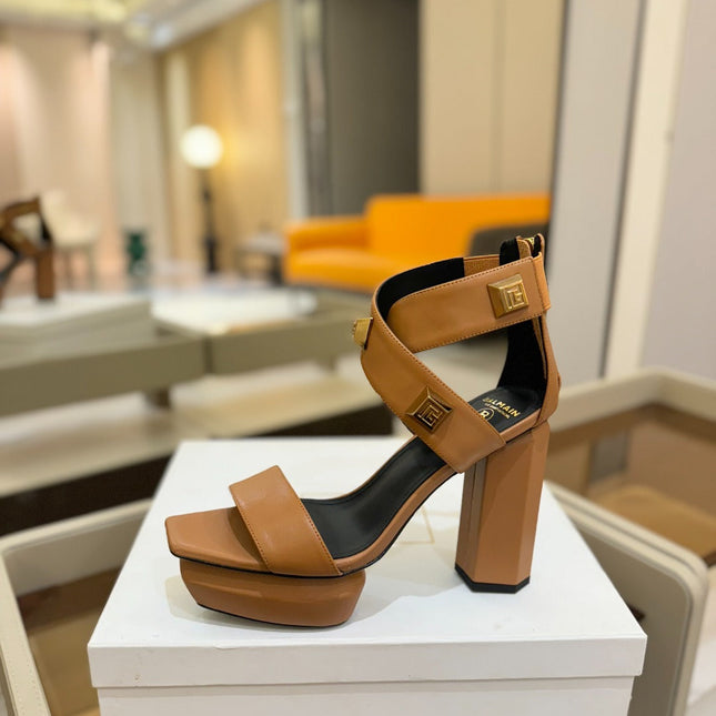 BALMAIN 25S WEDGE HEELS 105MM IN DARK BROWN CALFSKIN GOLD HARDWARE