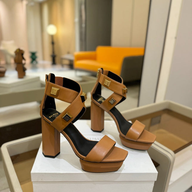 BALMAIN 25S WEDGE HEELS 105MM IN DARK BROWN CALFSKIN GOLD HARDWARE