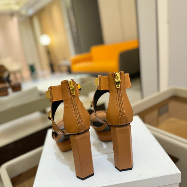 BALMAIN 25S WEDGE HEELS 105MM IN DARK BROWN CALFSKIN GOLD HARDWARE