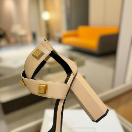 BALMAIN 25S WEDGE HEELS 105MM IN BEIGE CALFSKIN GOLD HARDWARE