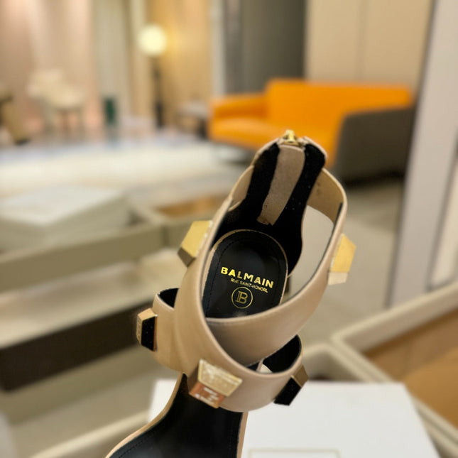 BALMAIN 25S WEDGE HEELS 105MM IN BEIGE CALFSKIN GOLD HARDWARE