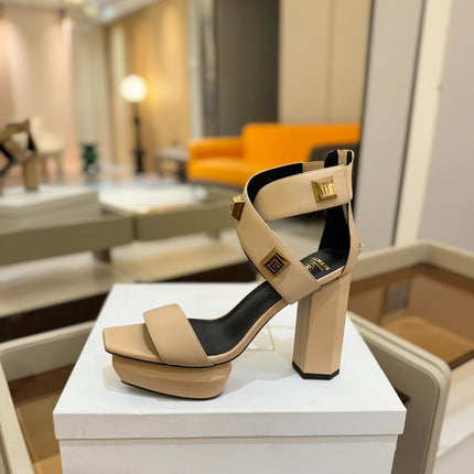 BALMAIN 25S WEDGE HEELS 105MM IN BEIGE CALFSKIN GOLD HARDWARE