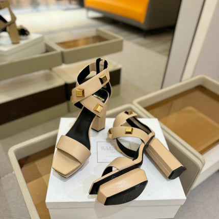 BALMAIN 25S WEDGE HEELS 105MM IN BEIGE CALFSKIN GOLD HARDWARE