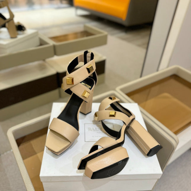 BALMAIN 25S WEDGE HEELS 105MM IN BEIGE CALFSKIN GOLD HARDWARE