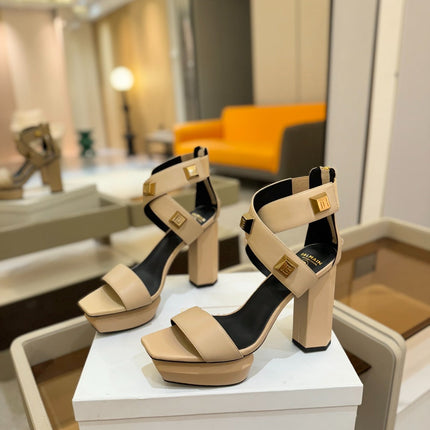 BALMAIN 25S WEDGE HEELS 105MM IN BEIGE CALFSKIN GOLD HARDWARE