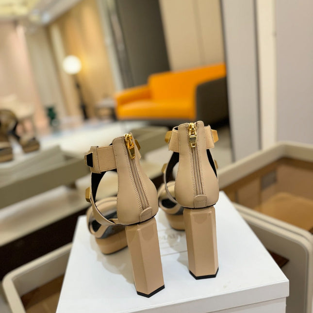 BALMAIN 25S WEDGE HEELS 105MM IN BEIGE CALFSKIN GOLD HARDWARE