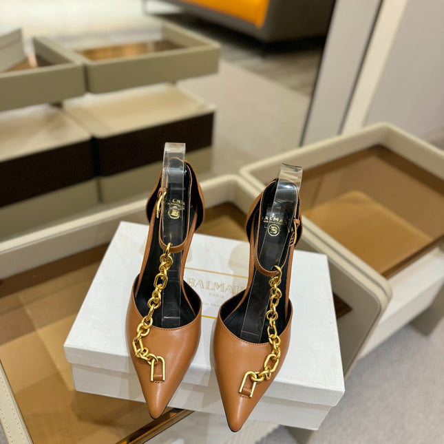 BALMAIN 25S SYNC STILETTOS WITH POINTED TOE 95MM IN DARK BROWN CALFSKIN