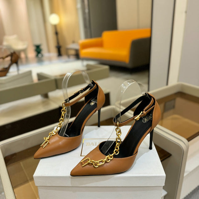 BALMAIN 25S SYNC STILETTOS WITH POINTED TOE 95MM IN DARK BROWN CALFSKIN