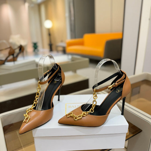 BALMAIN 25S SYNC STILETTOS WITH POINTED TOE 95MM IN DARK BROWN CALFSKIN