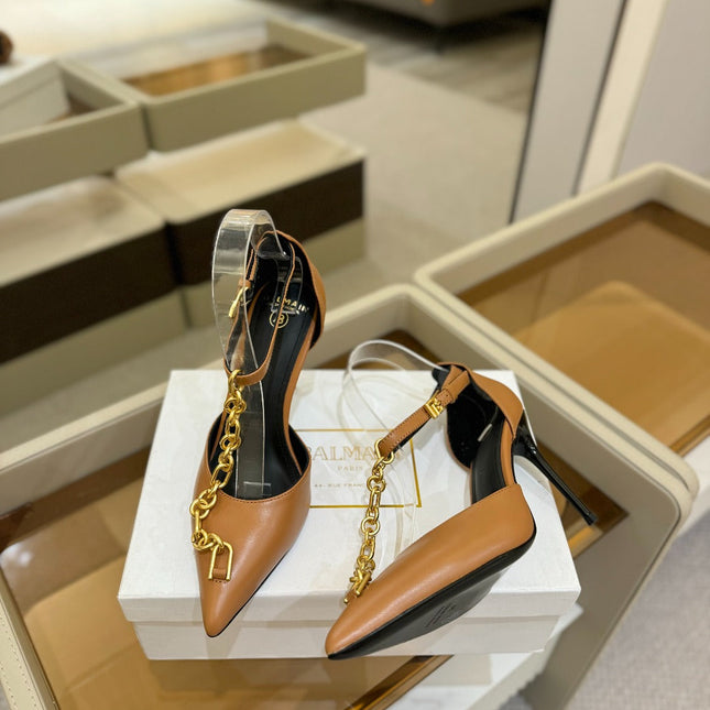 BALMAIN 25S SYNC STILETTOS WITH POINTED TOE 95MM IN DARK BROWN CALFSKIN