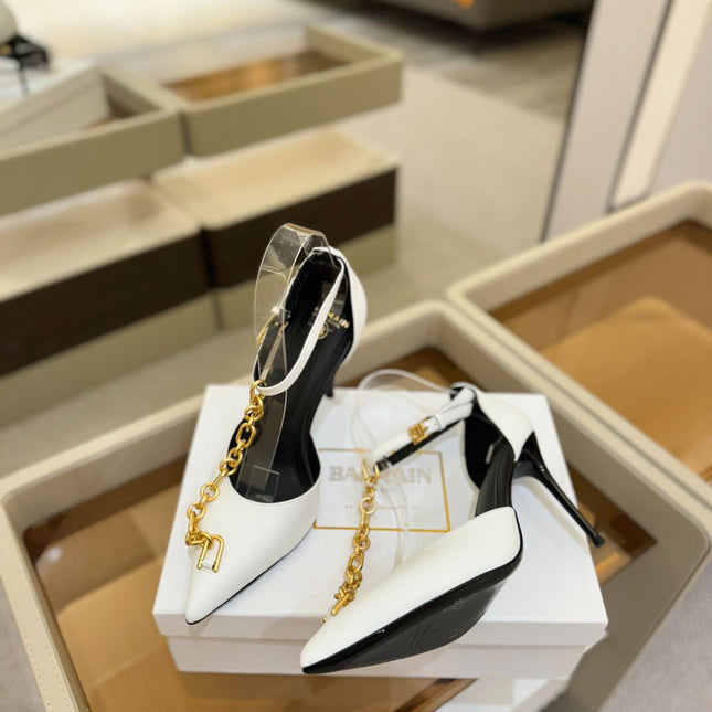 BALMAIN 25S SYNC STILETTOS WITH POINTED TOE 95MM IN WHITE CALFSKIN