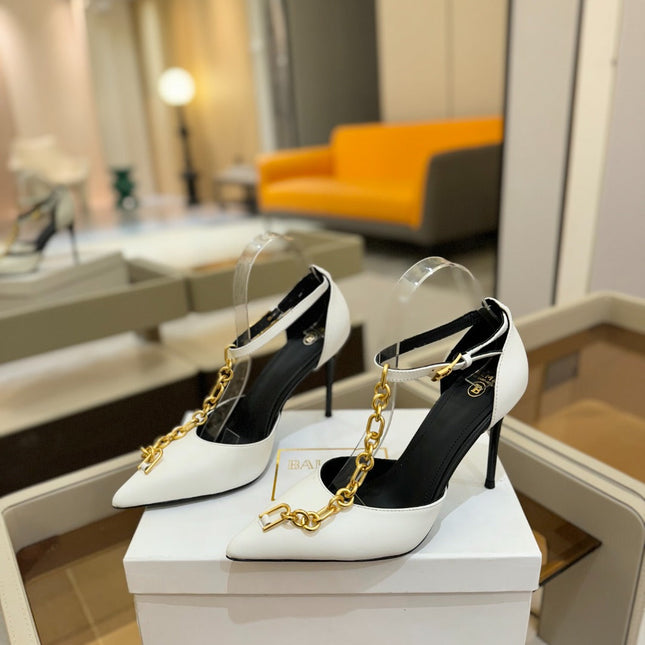 BALMAIN 25S SYNC STILETTOS WITH POINTED TOE 95MM IN WHITE CALFSKIN