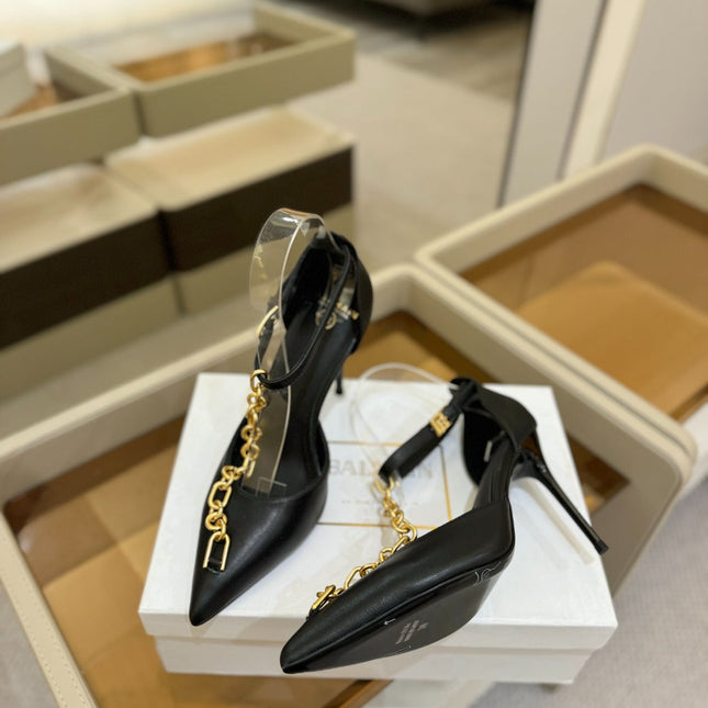 BALMAIN 25S SYNC STILETTOS WITH POINTED TOE 95MM IN BLACK CALFSKIN