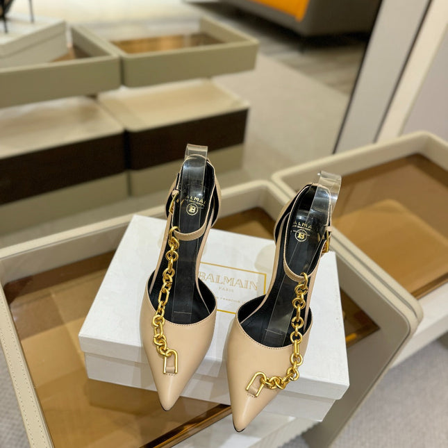 BALMAIN 25S SYNC STILETTOS WITH POINTED TOE 95MM IN BEIGE CALFSKIN