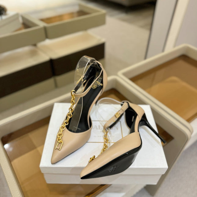BALMAIN 25S SYNC STILETTOS WITH POINTED TOE 95MM IN BEIGE CALFSKIN