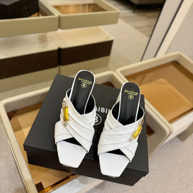 BALMAIN 25S WEDGE HEEL SANDALS 100MM IN WHITE CALFSKIN