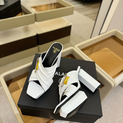 BALMAIN 25S WEDGE HEEL SANDALS 100MM IN WHITE CALFSKIN