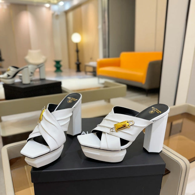 BALMAIN 25S WEDGE HEEL SANDALS 100MM IN WHITE CALFSKIN