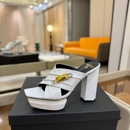 BALMAIN 25S WEDGE HEEL SANDALS 100MM IN WHITE CALFSKIN