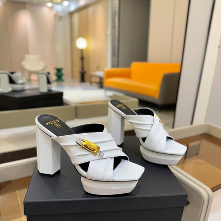 BALMAIN 25S WEDGE HEEL SANDALS 100MM IN WHITE CALFSKIN