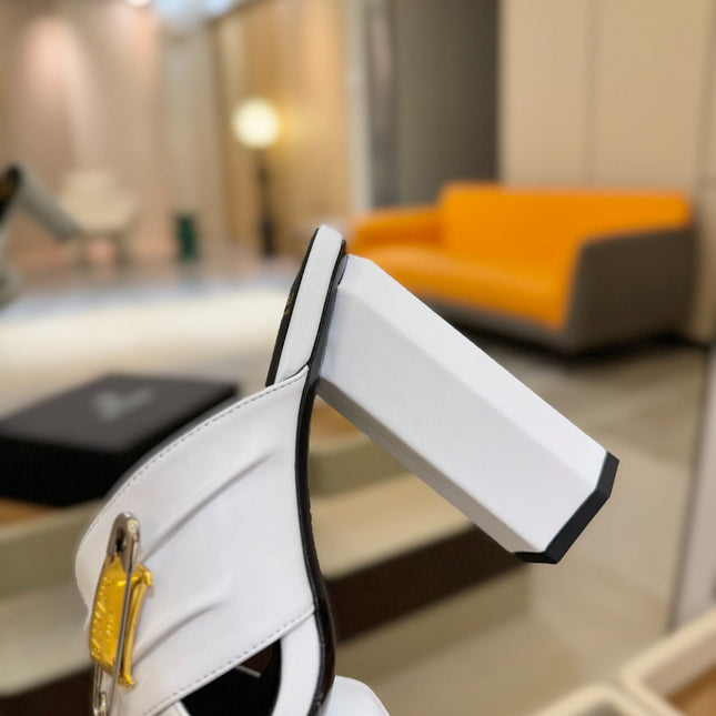 BALMAIN 25S WEDGE HEEL SANDALS 100MM IN WHITE CALFSKIN