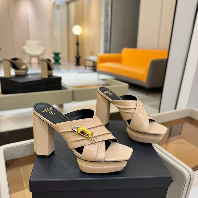 BALMAIN 25S WEDGE HEEL SANDALS 100MM IN NUDE CALFSKIN
