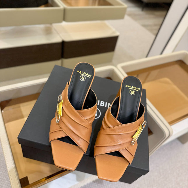 BALMAIN 25S WEDGE HEEL SANDALS 100MM IN BROWN CALFSKIN