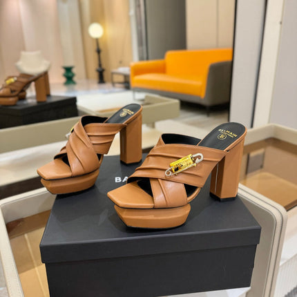 BALMAIN 25S WEDGE HEEL SANDALS 100MM IN BROWN CALFSKIN