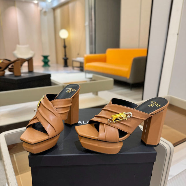 BALMAIN 25S WEDGE HEEL SANDALS 100MM IN BROWN CALFSKIN