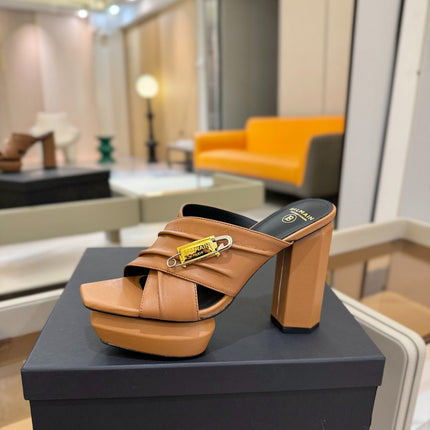 BALMAIN 25S WEDGE HEEL SANDALS 100MM IN BROWN CALFSKIN