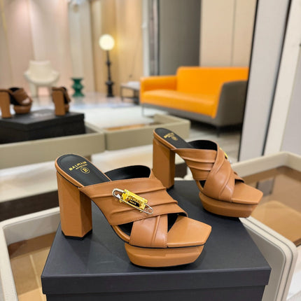 BALMAIN 25S WEDGE HEEL SANDALS 100MM IN BROWN CALFSKIN