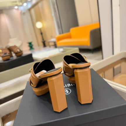 BALMAIN 25S WEDGE HEEL SANDALS 100MM IN BROWN CALFSKIN