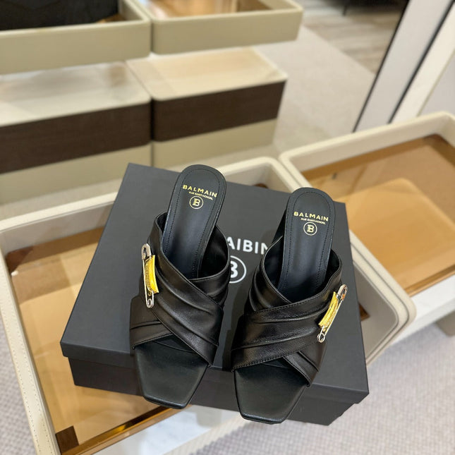 BALMAIN 25S WEDGE HEEL SANDALS 100MM IN BLACK CALFSKIN