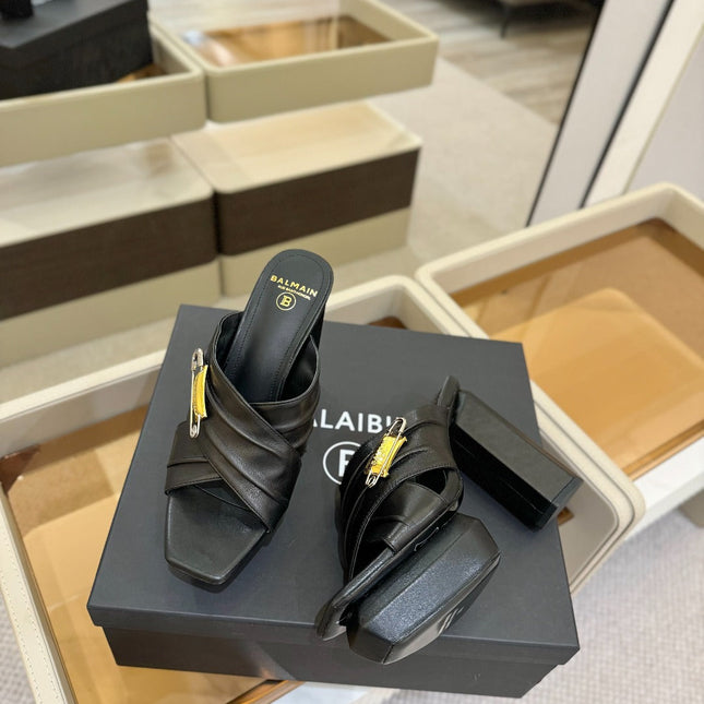 BALMAIN 25S WEDGE HEEL SANDALS 100MM IN BLACK CALFSKIN