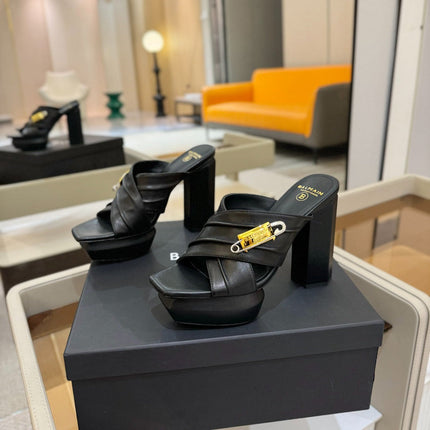 BALMAIN 25S WEDGE HEEL SANDALS 100MM IN BLACK CALFSKIN