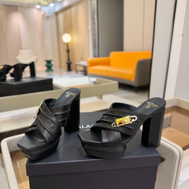 BALMAIN 25S WEDGE HEEL SANDALS 100MM IN BLACK CALFSKIN