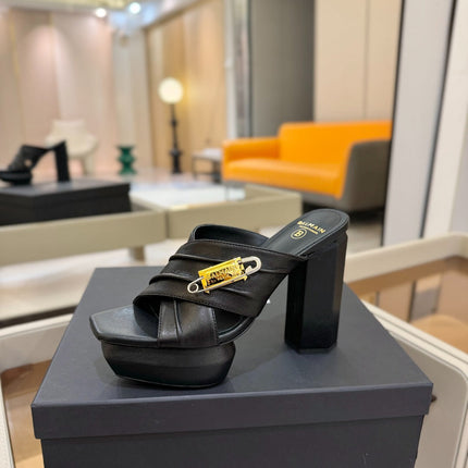 BALMAIN 25S WEDGE HEEL SANDALS 100MM IN BLACK CALFSKIN