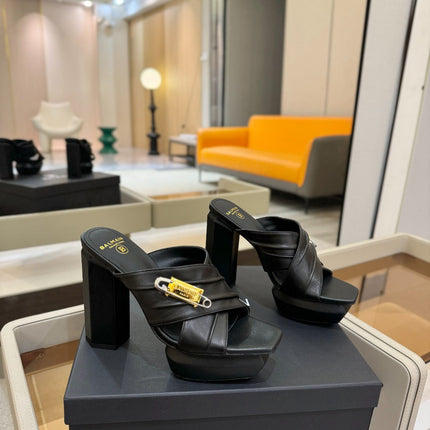 BALMAIN 25S WEDGE HEEL SANDALS 100MM IN BLACK CALFSKIN