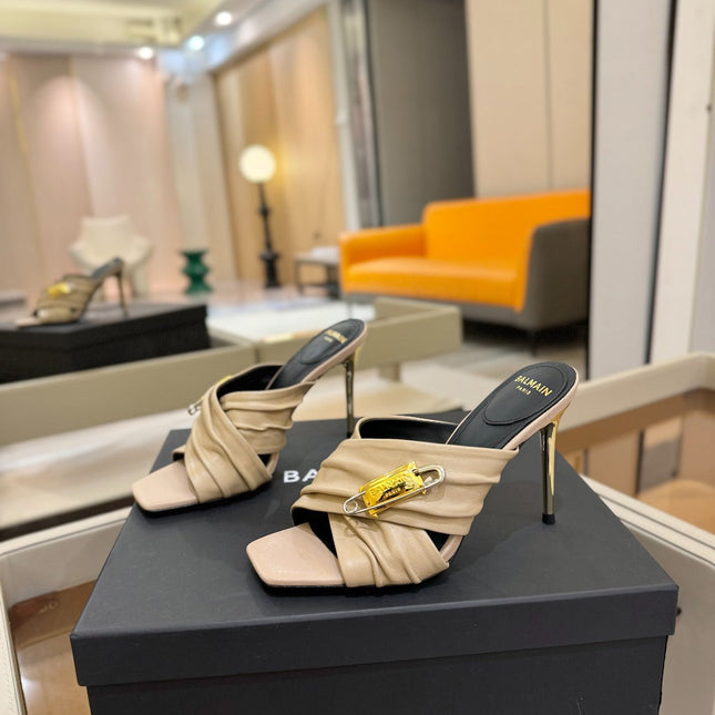 BALMAIN 25S HIGH HEEL SANDALS 95MM IN BEIGE CALFSKIN