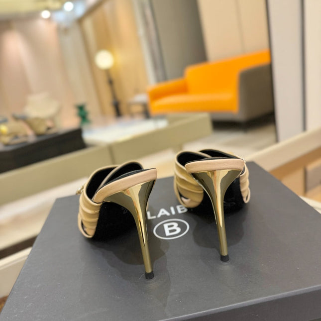 BALMAIN 25S HIGH HEEL SANDALS 95MM IN BEIGE CALFSKIN