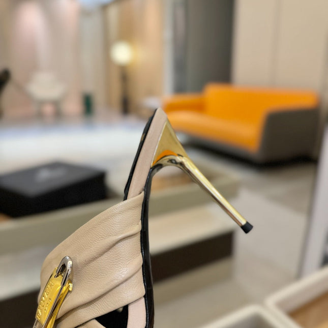 BALMAIN 25S HIGH HEEL SANDALS 95MM IN BEIGE CALFSKIN