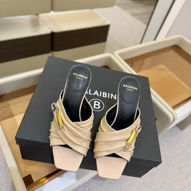 BALMAIN 25S HIGH HEEL SANDALS 95MM IN BEIGE CALFSKIN