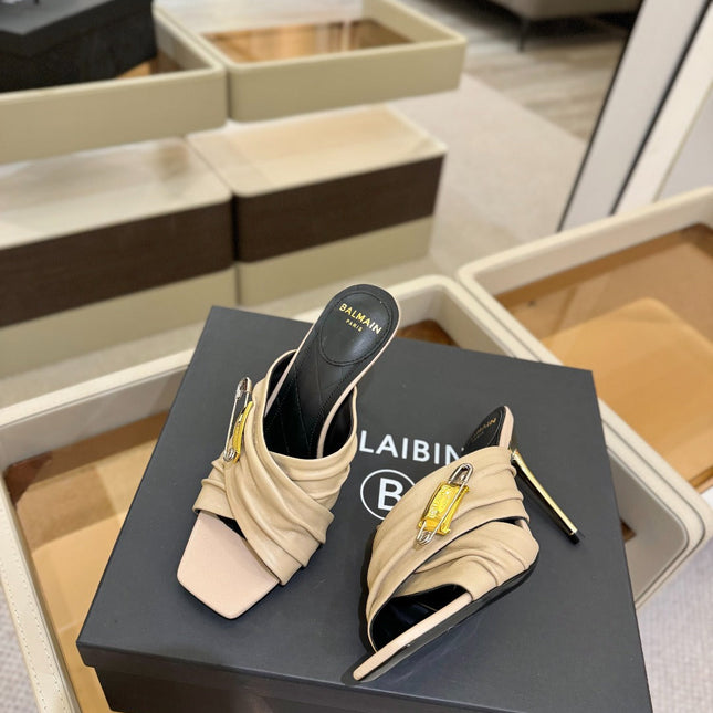 BALMAIN 25S HIGH HEEL SANDALS 95MM IN BEIGE CALFSKIN