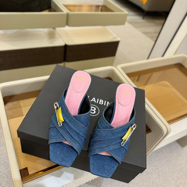 BALMAIN 25S HIGH HEEL SANDALS 95MM IN BLUE DENIM