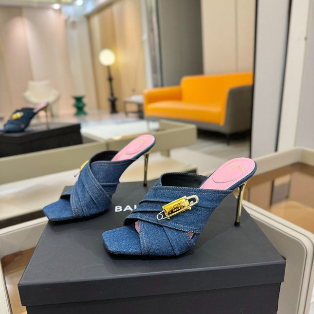 BALMAIN 25S HIGH HEEL SANDALS 95MM IN BLUE DENIM