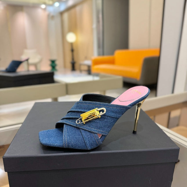 BALMAIN 25S HIGH HEEL SANDALS 95MM IN BLUE DENIM